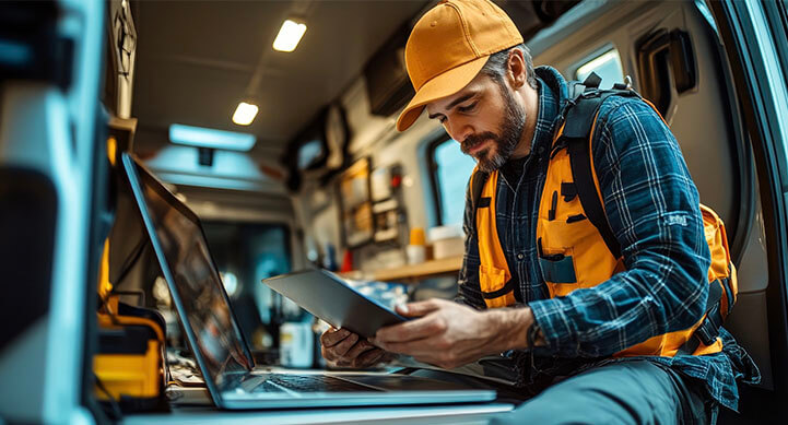 Person in safety gear works on a tablet inside a van with equipment, beside a laptop on a table.