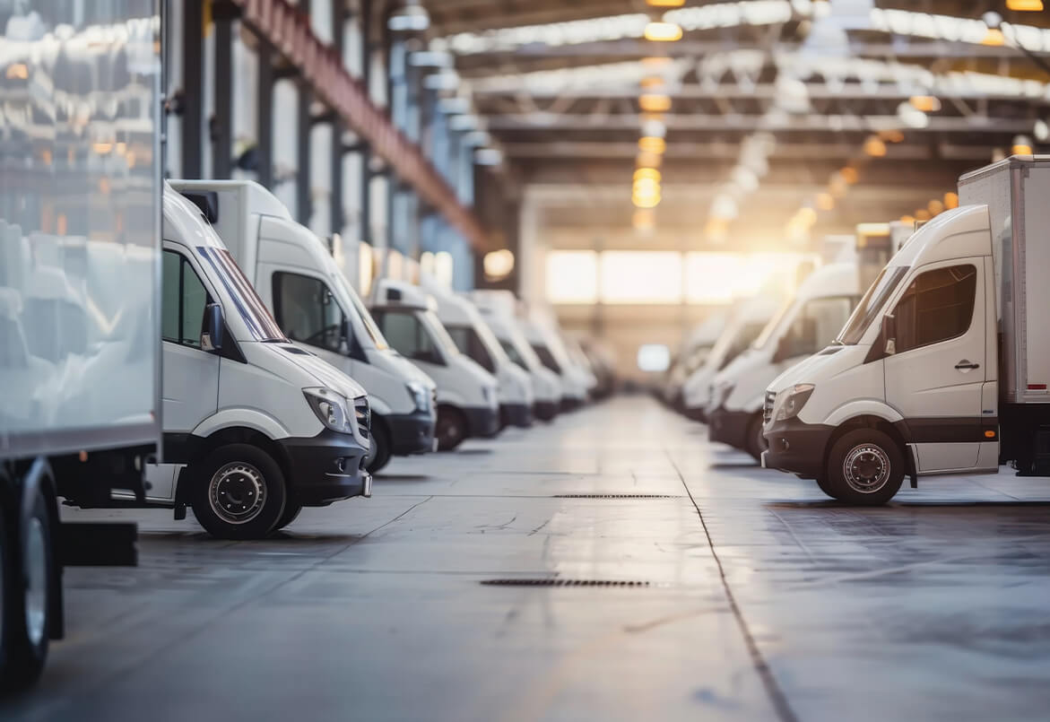 Fleet of white delivery vans parked in a spacious, well-lit warehouse with a sunlit background.