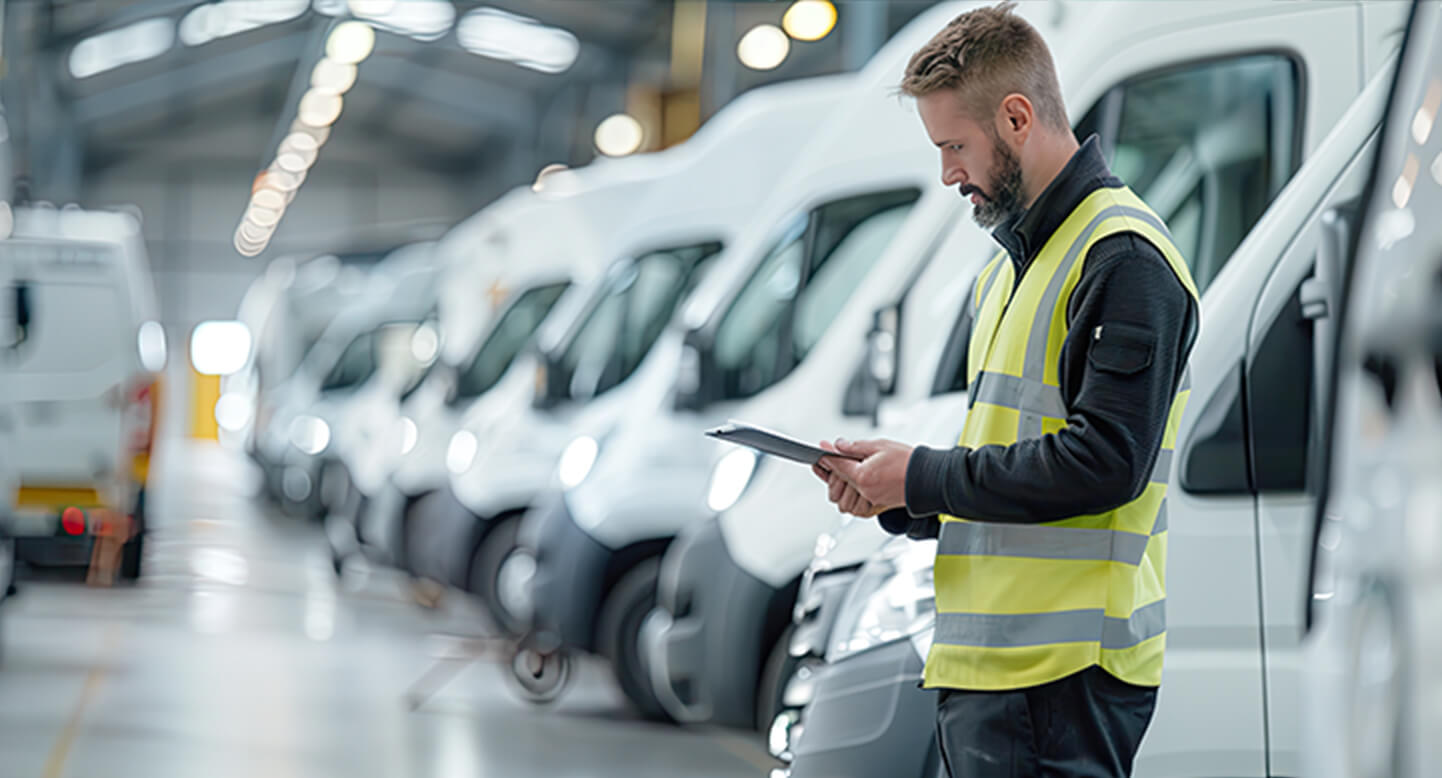 Man in a safety vest using a tablet in a warehouse with a row of white vans.