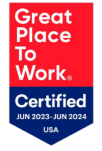Badge: "Great Place to Work Certified, Jun 2023 - Jun 2024, USA" in red and blue.