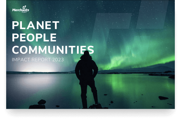 Person stands by water under northern lights, text reads "Planet People Communities Impact Report 2023.