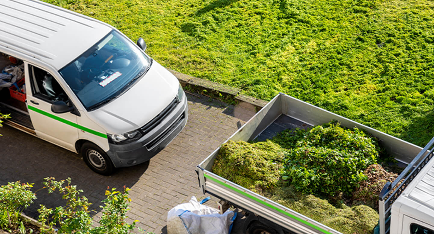 Aerial view of a white van and a truck with a trailer full of green vegetation on a sunny day.