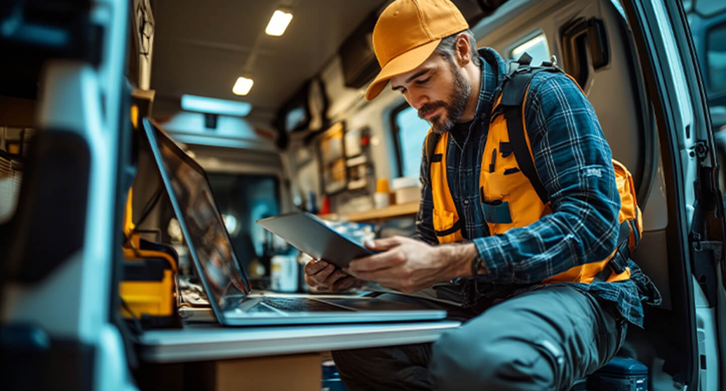 Man in a van, wearing a cap and vest, working on a laptop and holding a tablet.