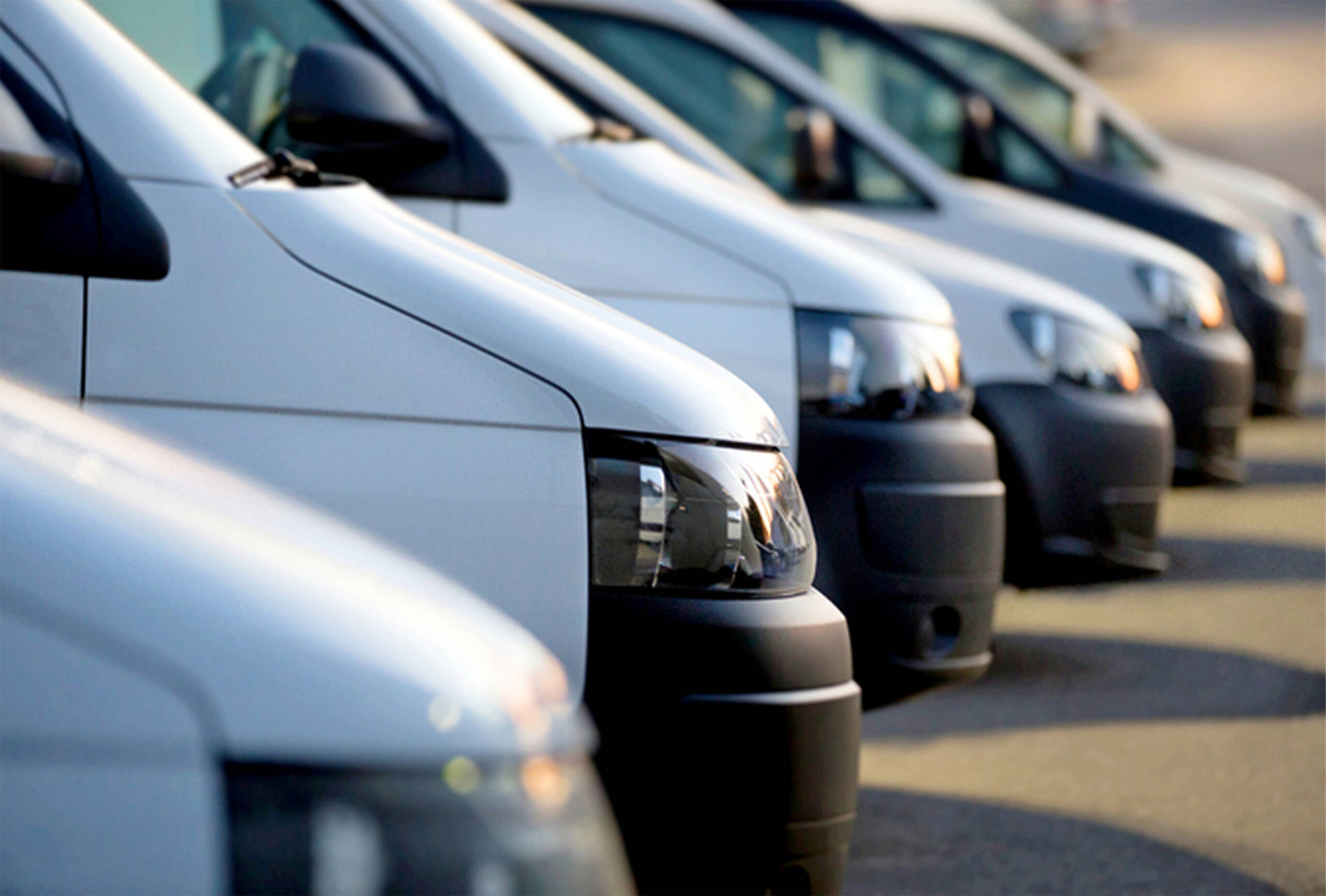 Line of white vans parked in a row on a sunny day, viewed from the front side.