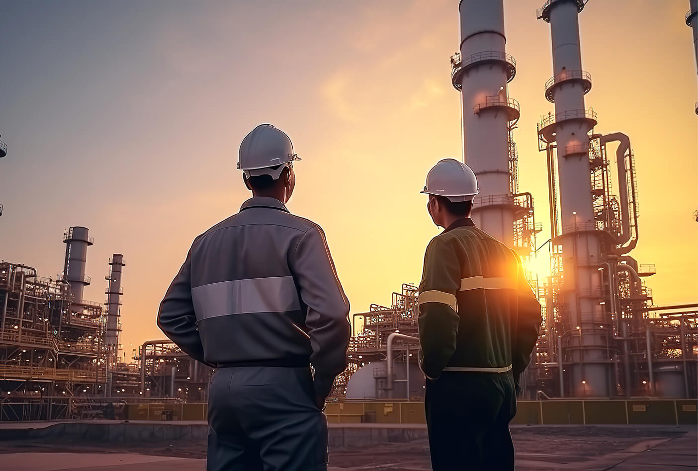 Two workers in hard hats stand in front of an industrial plant at sunset, observing tall structures and equipment.