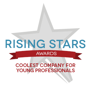 Rising Stars Awards logo: "Coolest Company for Young Professionals" on white background with star and red banner.