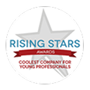Logo with a star, "Rising Stars Awards: Coolest Company for Young Professionals" text on a circular background.