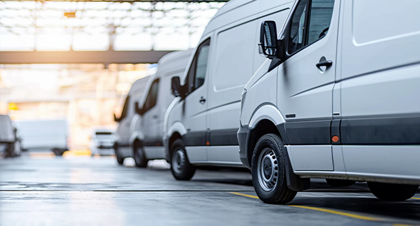 A row of white delivery vans parked in a well-lit indoor facility with large windows.