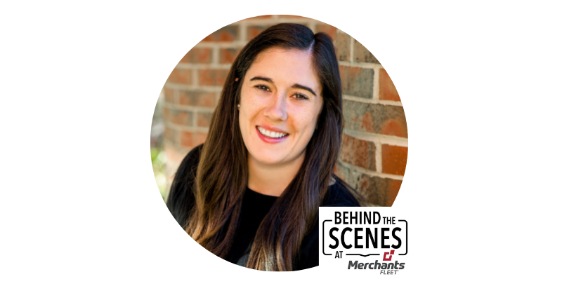 Smiling woman in front of a brick wall. Text: "Behind the Scenes at Merchants Fleet" with company logo.