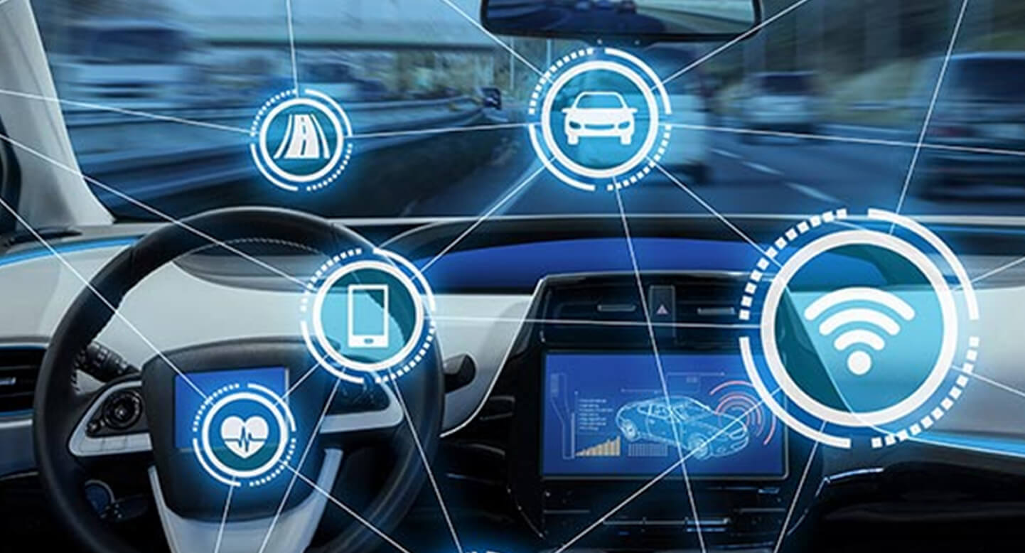 Futuristic car interior with digital icons representing technology and connectivity, displayed over a road view.