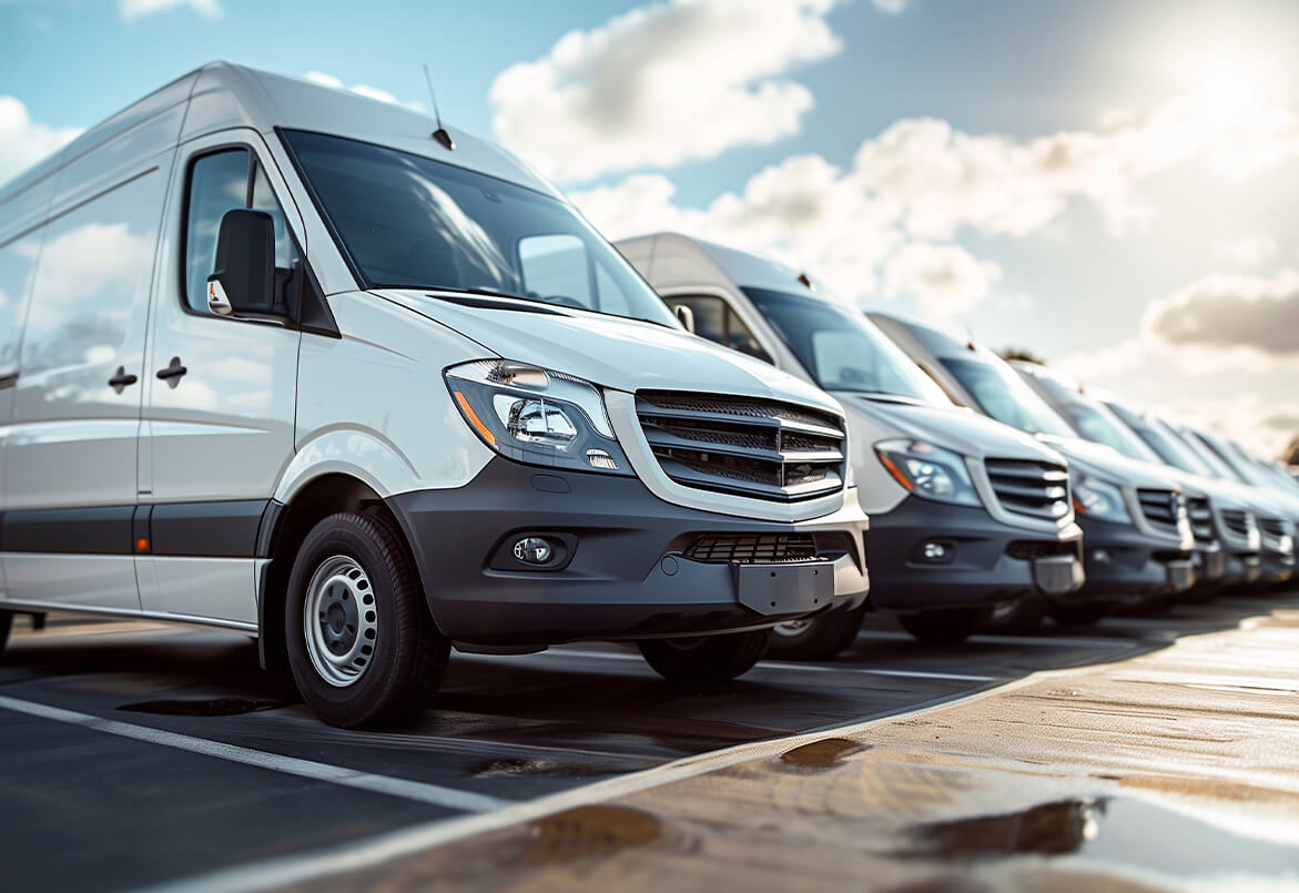 Row of white vans parked on a sunny day, viewed from the front-left angle.