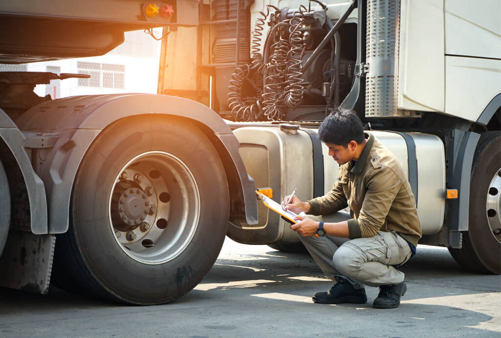Person crouching near a truck, writing on a clipboard, with sunlight illuminating the scene.