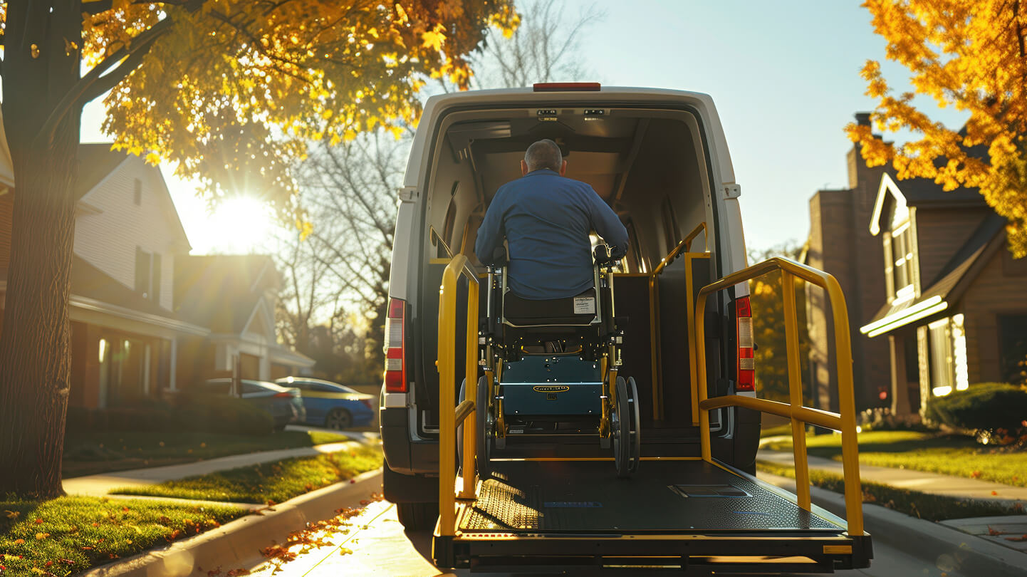 A person in a wheelchair using a van's lift under golden autumn trees on a sunny day in a suburban neighborhood.