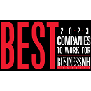 Red and white text reads "Best Companies to Work For 2023, Business NH Magazine" on a black background.