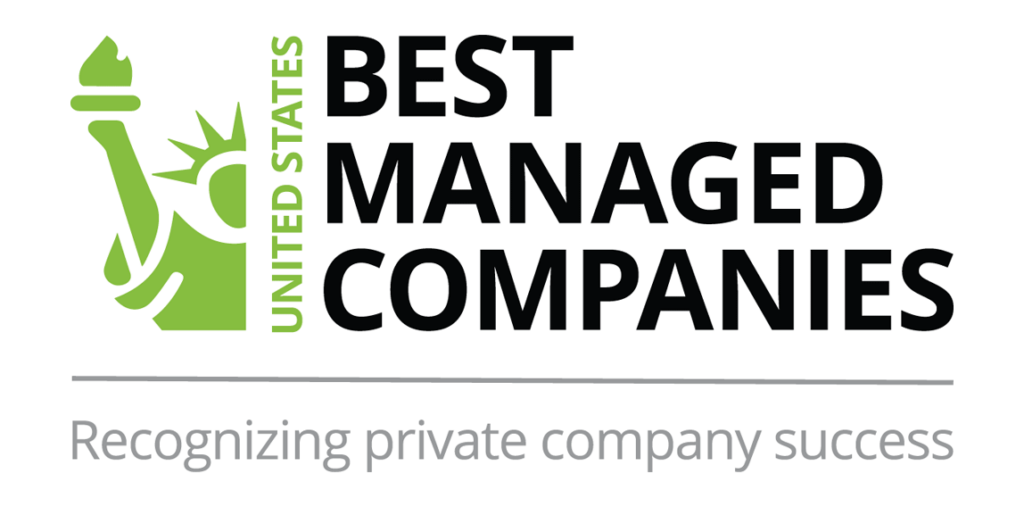 Logo with green statue graphic and text: "United States Best Managed Companies. Recognizing private company success.