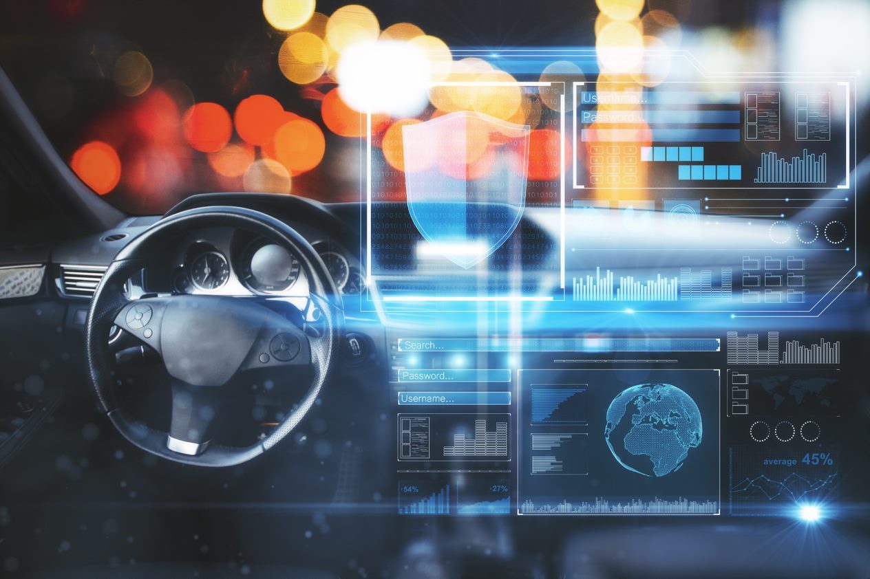 Futuristic car interior with digital displays showing graphs, a shield icon, search bars, and a world map overlay.